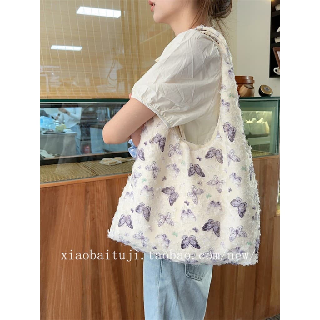 Pequeno coelho branco mesa ins renda borboleta novo estilo na moda bolsa de lona feminina de um ombro literária grande c