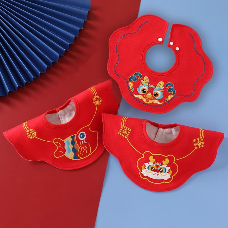 High-End dragão bebê novo estilo vermelho bordado tigre babador nacional na moda cuspe leite arroz bolso tradicional fot