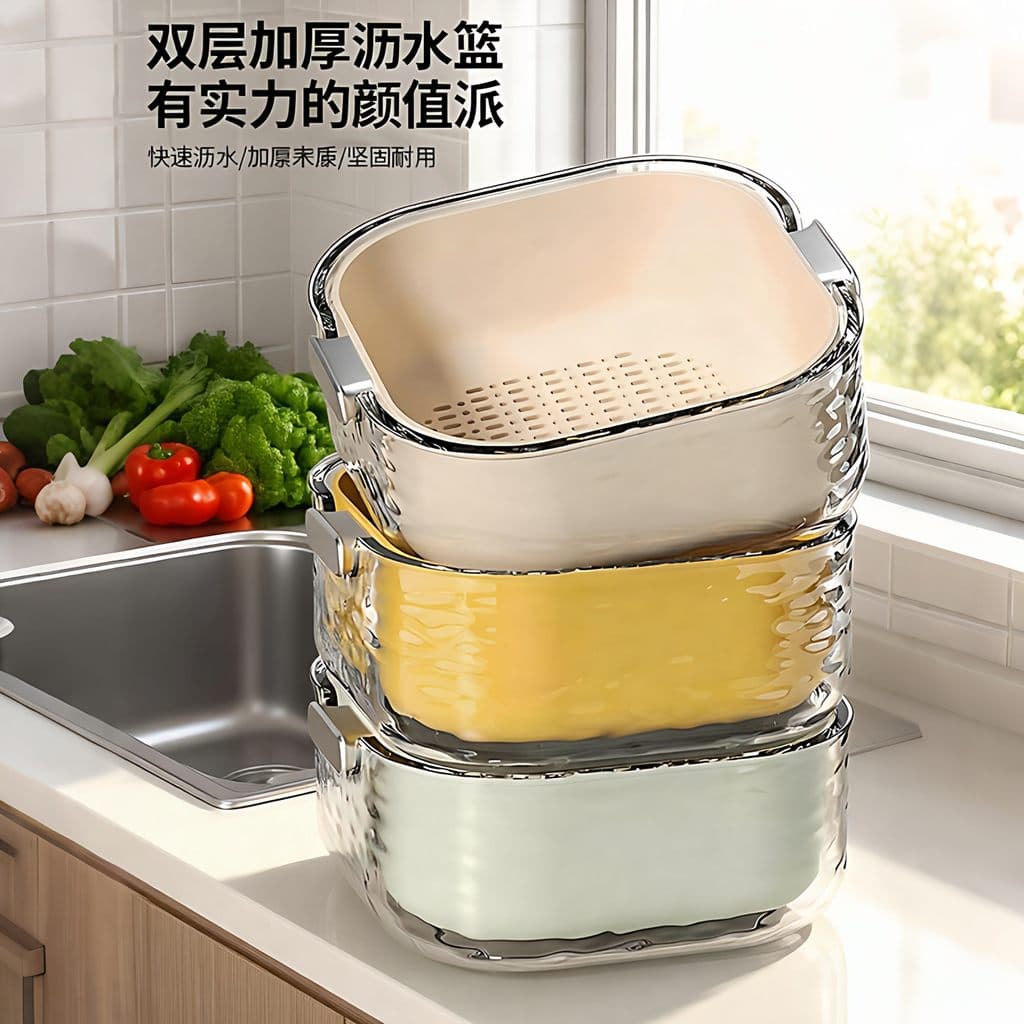 Bacia de lavagem de vegetais cesta de drenagem cozinha sala de estar placa de lavagem de frutas doméstica simples dupla