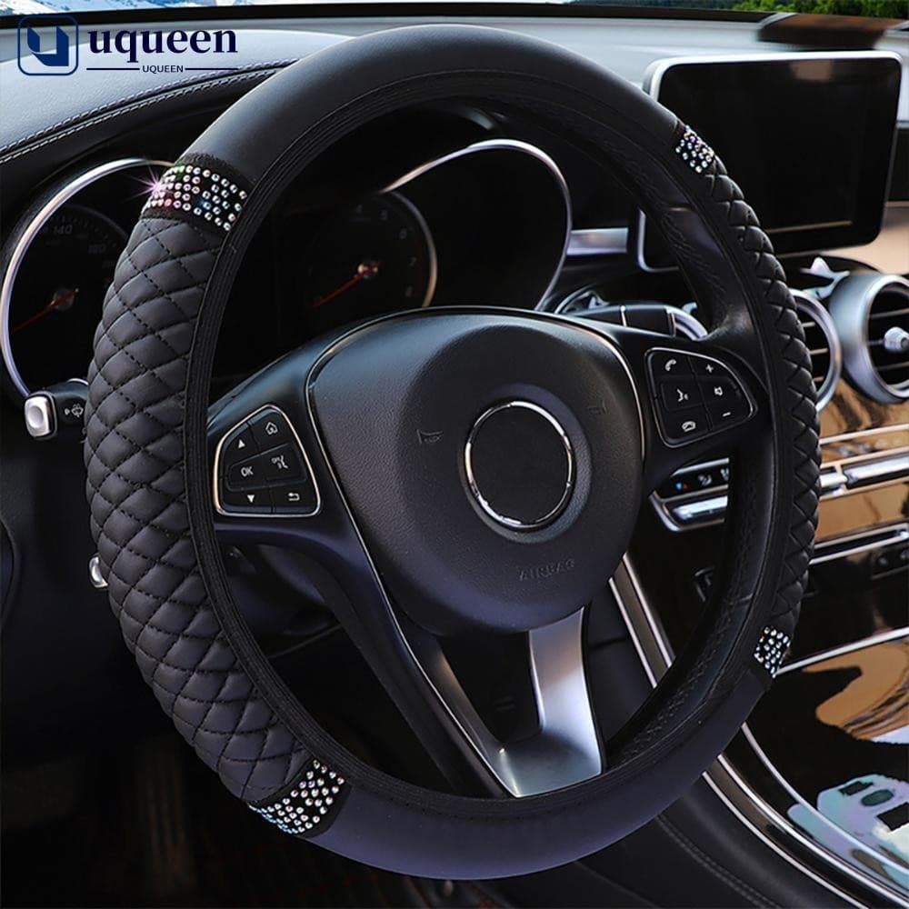 UQUEEN Capa Universal Para Volante De Carro , 1 Peça , Couro Bordado , Cor , Cravejado De Diamantes , Elástica , 37-38cm