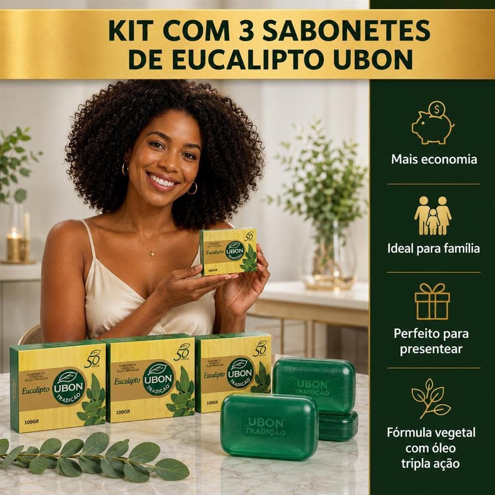 Kit 3 Sabonetes Glicerinados de Eucalipto Ubon | Aroma Sauna | Hidratação e Frescor