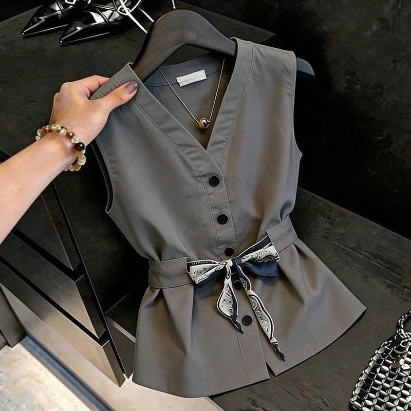 Camisa Sem Mangas Com Decote Em V Estilo Francês Para Mulheres 202 Novo Design Arco Chique Top Txt061501txt Txt Txt06150