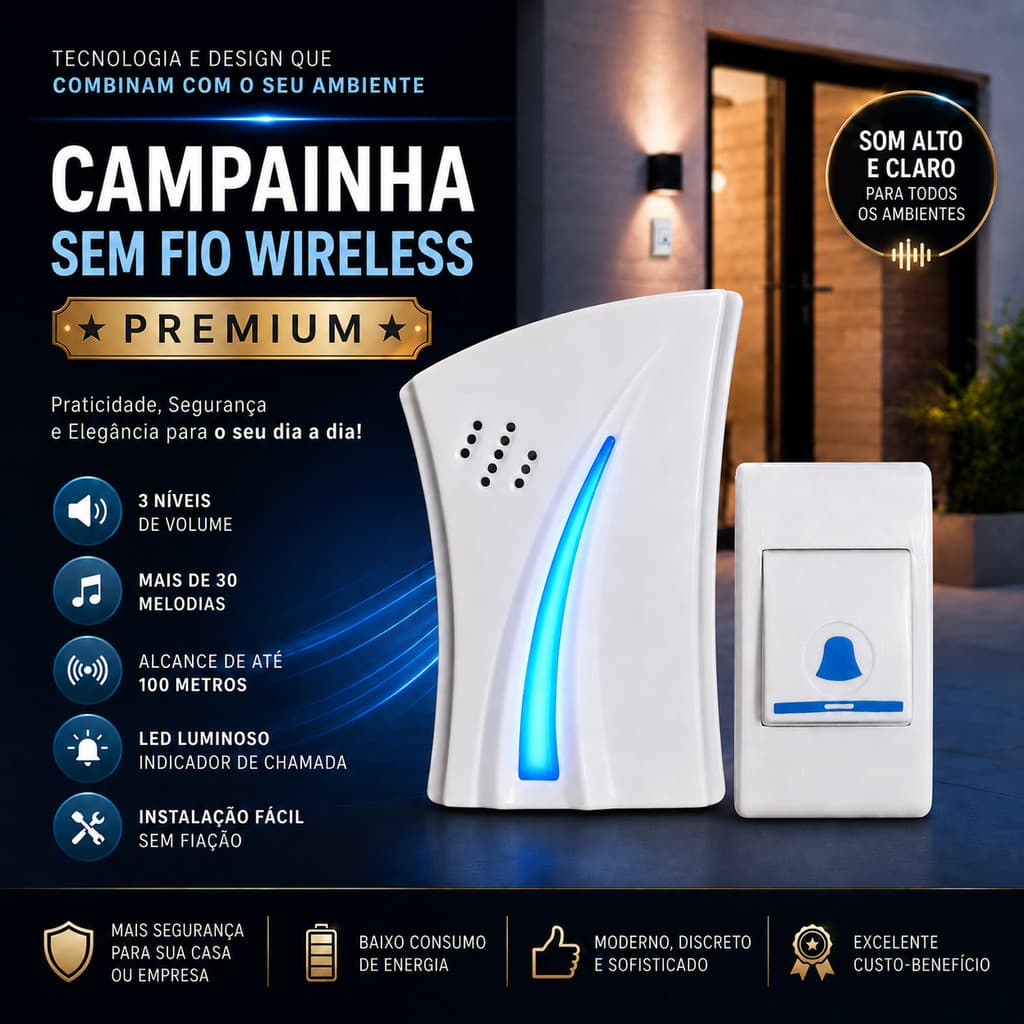 CAMPAINHA SEM FIO 100M ALCANCE ILUMINAÇÃO LED VOLUME AJUSTÁVEL PARA RESIDÊNCIA ESCRITÓRIO PORTÕES E ENTRADAS 36 MELODIAS