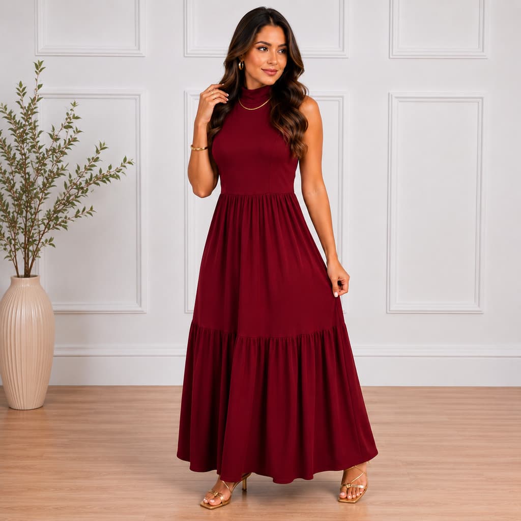 Vestido Feminino Longo Casual Liso Básico Versátil Tecido de Malha Soltinho e Confortável 442