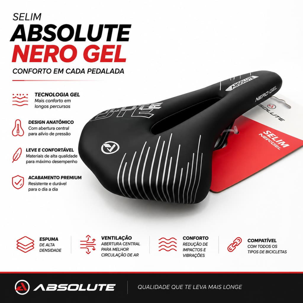 BANCO SELIM BIKE NERO GEL PRETO ABSOLUTE VAZADO ORIGINAL PREMIUM BICICLETA CICLISMO MTB