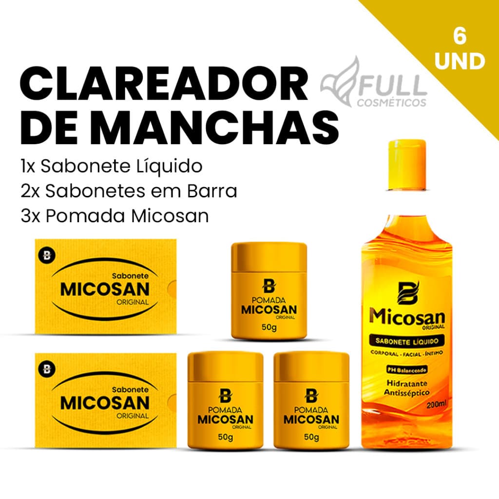 Kit Micosan Completo com 6 Itens – Creme Clareador, Sabonete em Barra e Sabonete Líquido