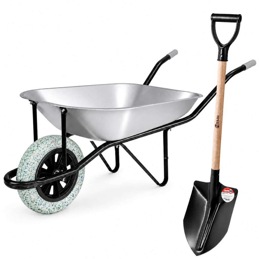 Kit Carrinho de Mão Reforçado 65L Pneu Maciço Galvanizado + Pá De Bico De Obra Pedreiro Construção