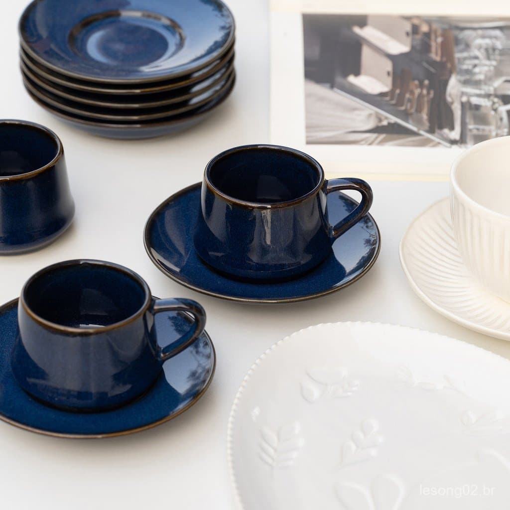 Hancun Super Retro! Xícara e pires de café latte azul safira, cozidos em forno, xícara de café americana de cerâmica, xí