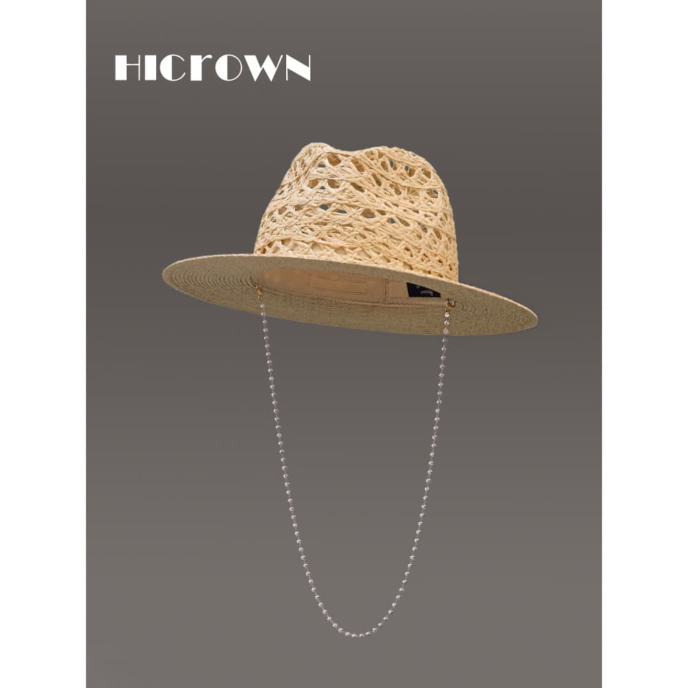 Chapéu de palha com corrente oca francesa, chapéu superior de ráfia feminino, aba plana, férias, praia, chapéu de sol, r