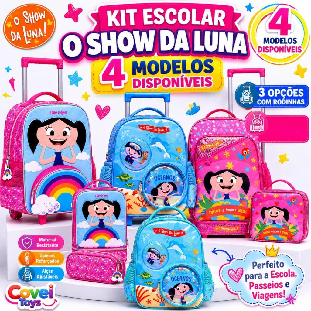 Kit Escolar Mochila Show Da Luna Rodinha Lancheira Estojo Fundo Do Mar 3 Peças