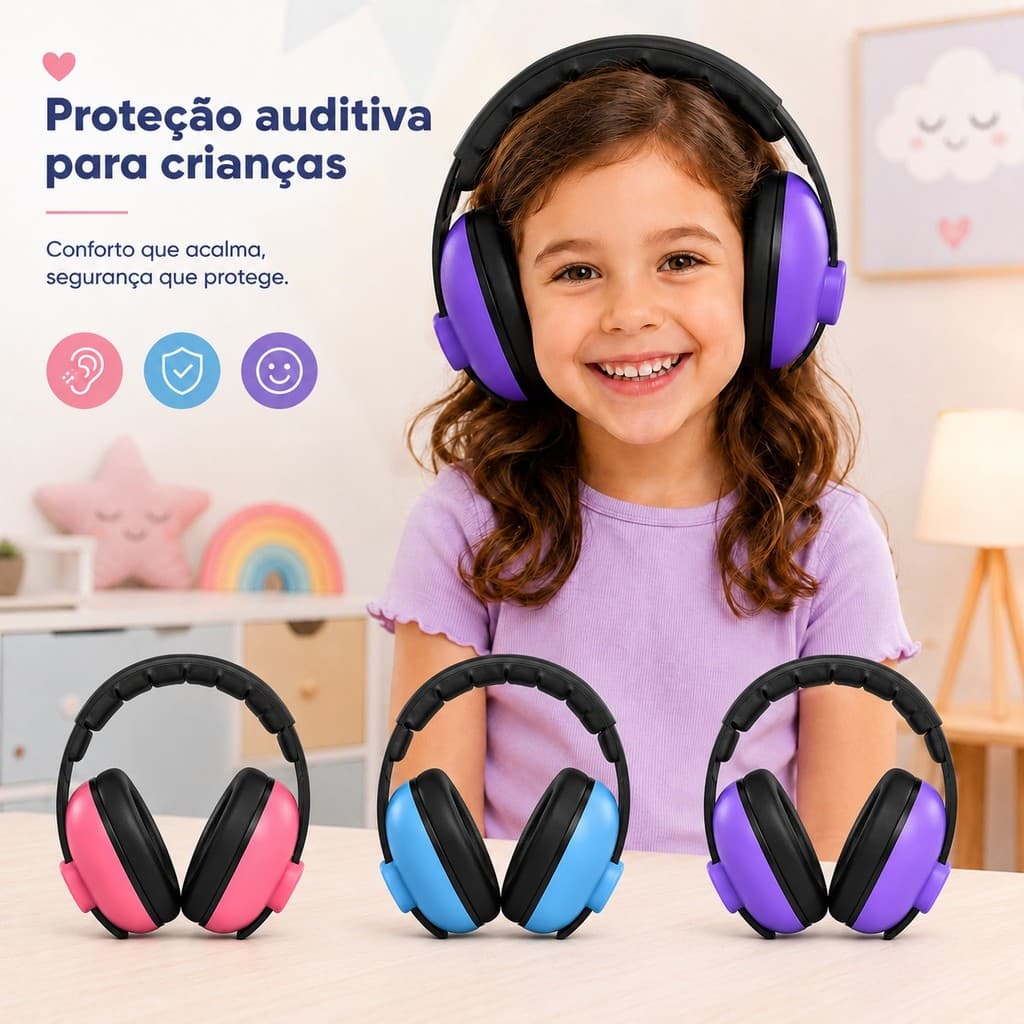 Abafador de Ruído Infantil Protetor Auricular Bebê Criança Autismo TEA Ajustável Confortável