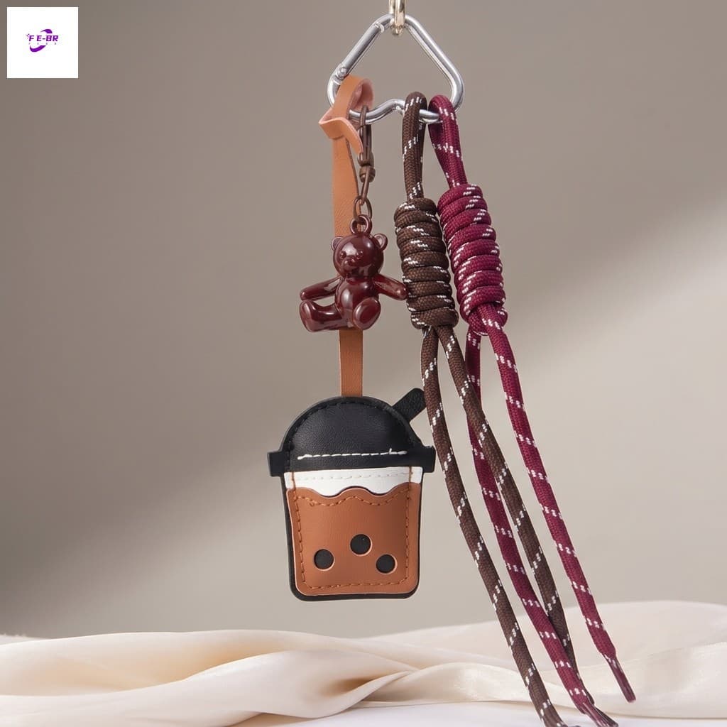 Acrílico Urso Telefone Charme Couro Do Plutônio Leite Chá Copo Titular Corda Trançada Chaveiro