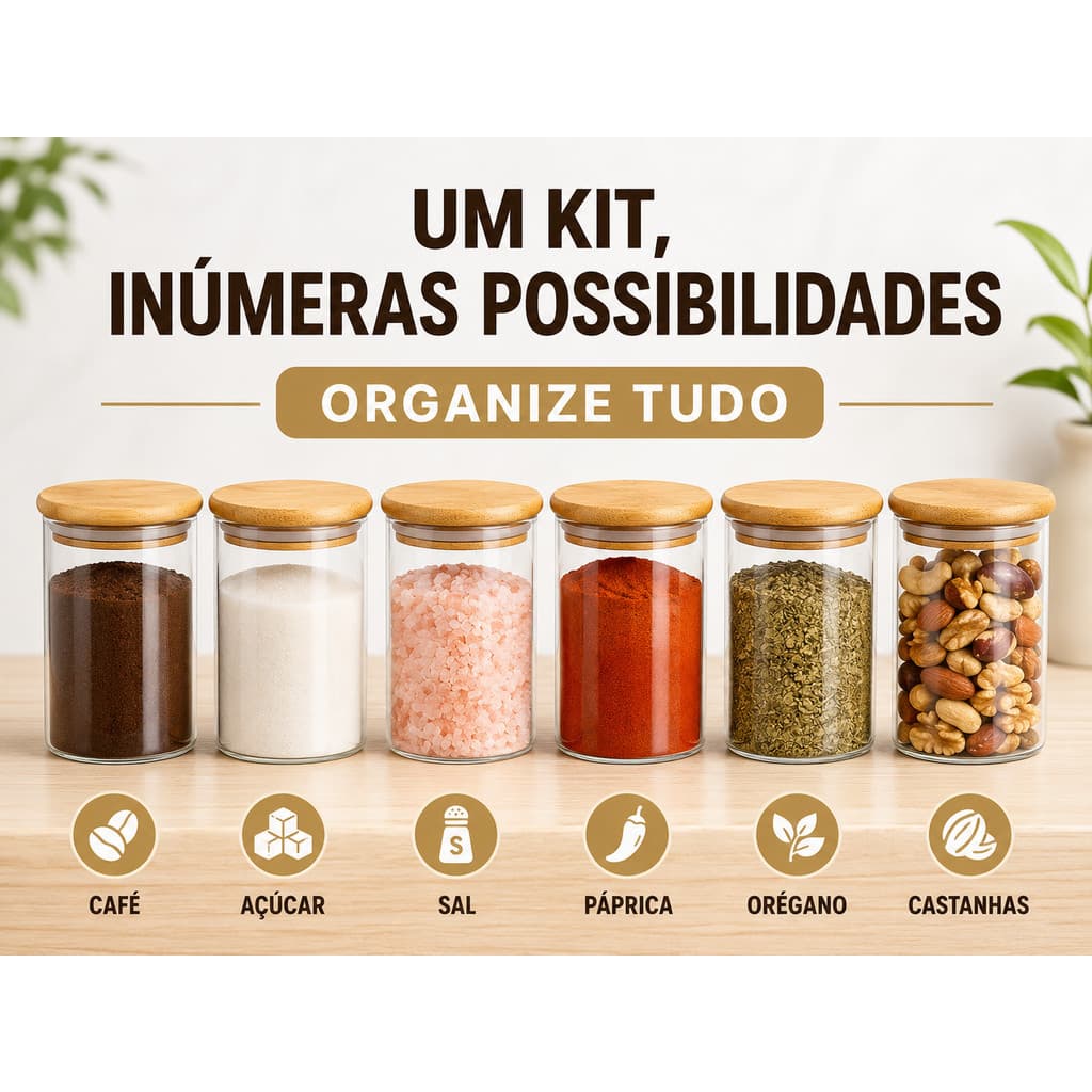 Pote de Vidro com Tampa de Bambu Kit 6 Herméticos Organizador Cozinha Temperos Reutilizável