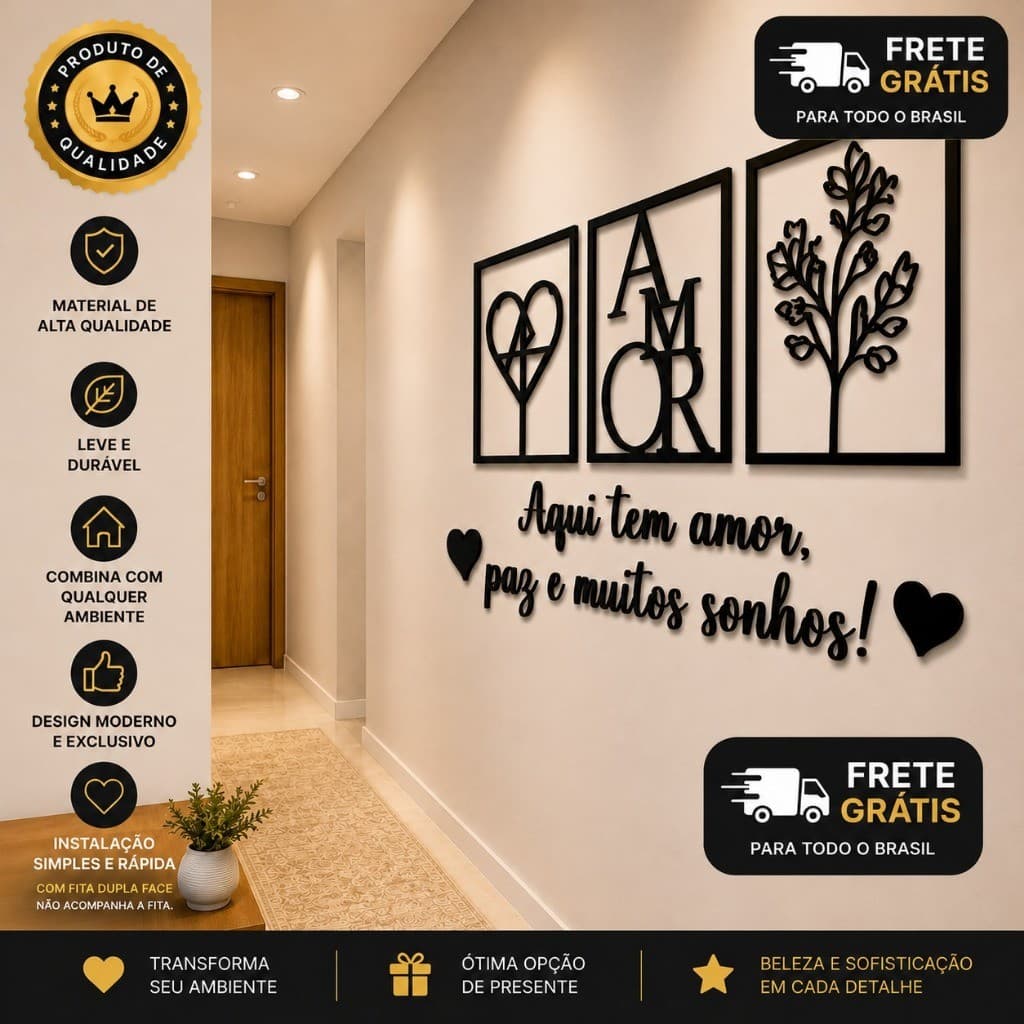 Kit 3 Quadros Familia Cabeceira Coração Geométrico Amor Arvore + Frase de Parede + 2 aplique coração
