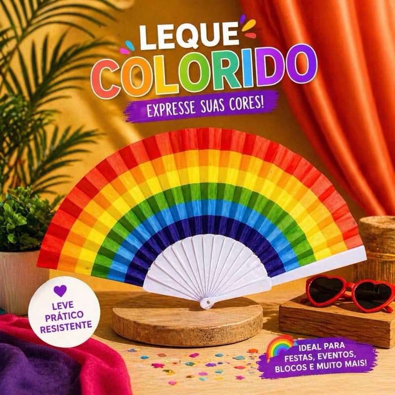 Leque de Mão Arco-Íris LGBTQIA+ Carnaval Festa