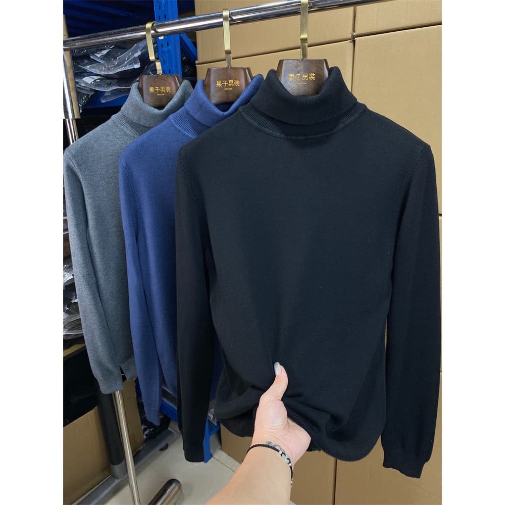 [Ferramenta útil combinada] outono inverno suéter de gola alta masculino malhas Slim fit camisa de fundo de cor sólida d