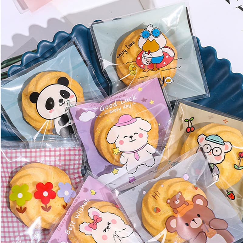 100 Pçs 7x7 + 3cm Plástico Dos Desenhos Animados Auto-Adesivo Saco Padaria Embalagem Biscoito Lanche Doces Sacos Present