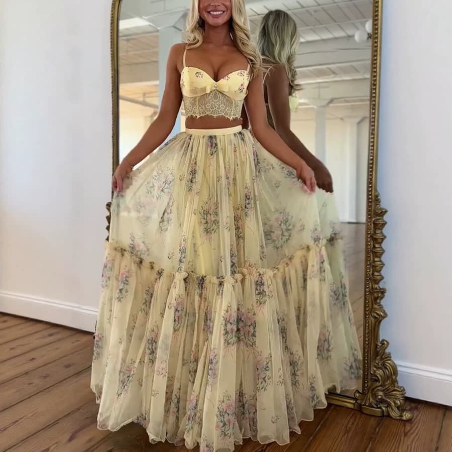 Terno feminino europeu americano Chiffon estampado estilingue + cintura estreita saia amarrada terno de duas peças