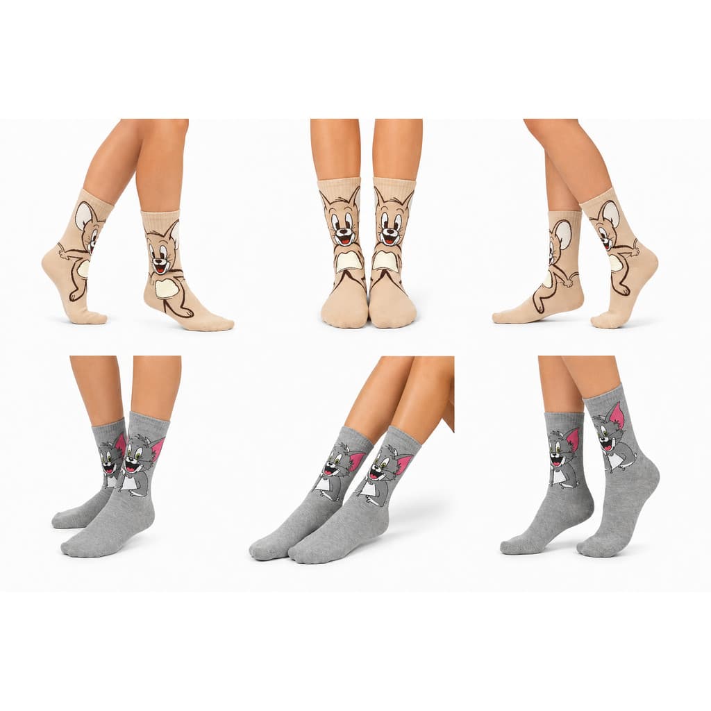 Kit 2 Pares tom e jerry Meia Divertida Cano Longo Estampada Personagem Escondendo Moita Tamanho Unico 35 a 44