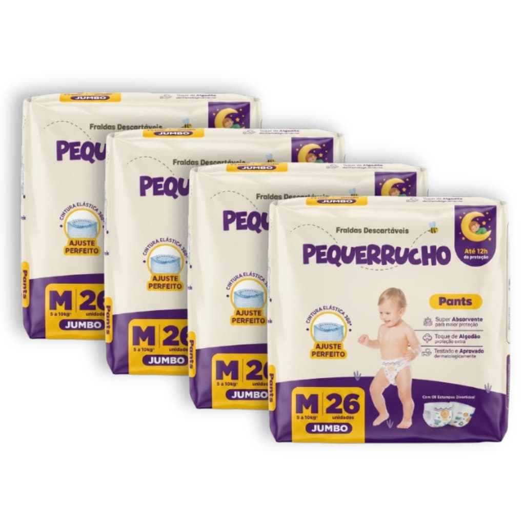 Kit 4 Fralda Descartável Pequerrucho Pants Toque Macio Hipoalergênico - Tamanho M - Total 104 Unidades