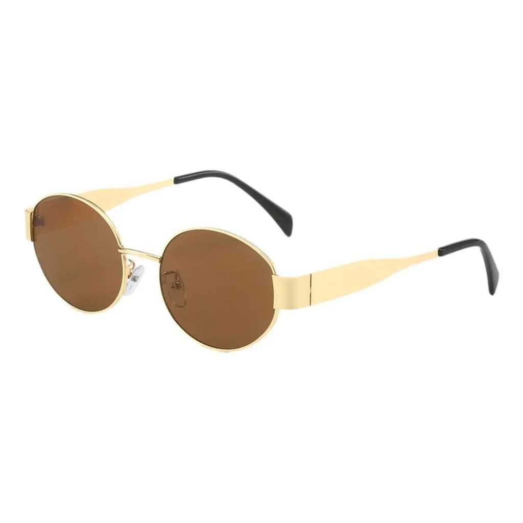 Óculos de Sol Redondo Retro Metal – Armação Dourada Vintage com Lente Marrom