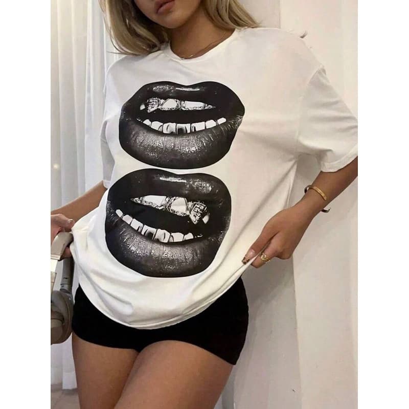 Camiseta Feminina Estilosa Streetwear 100% Algodão Estampa Boca