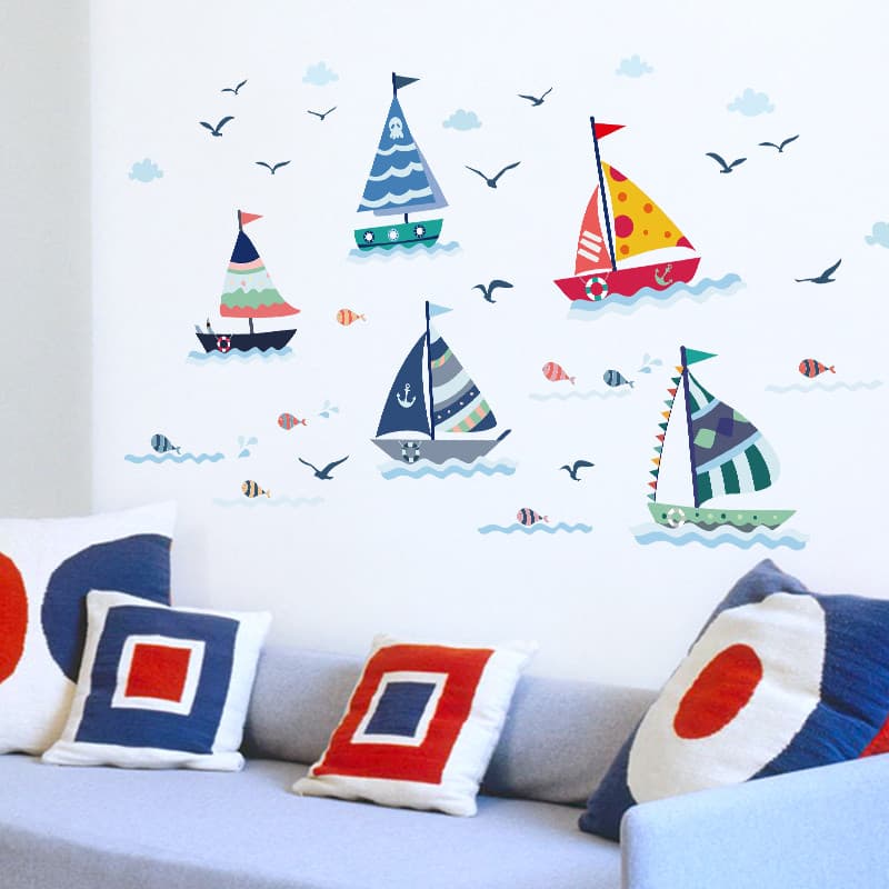 Adesivos de parede bonito dos desenhos animados oceano vela gaivota quarto das crianças jardim de infância sala de aula