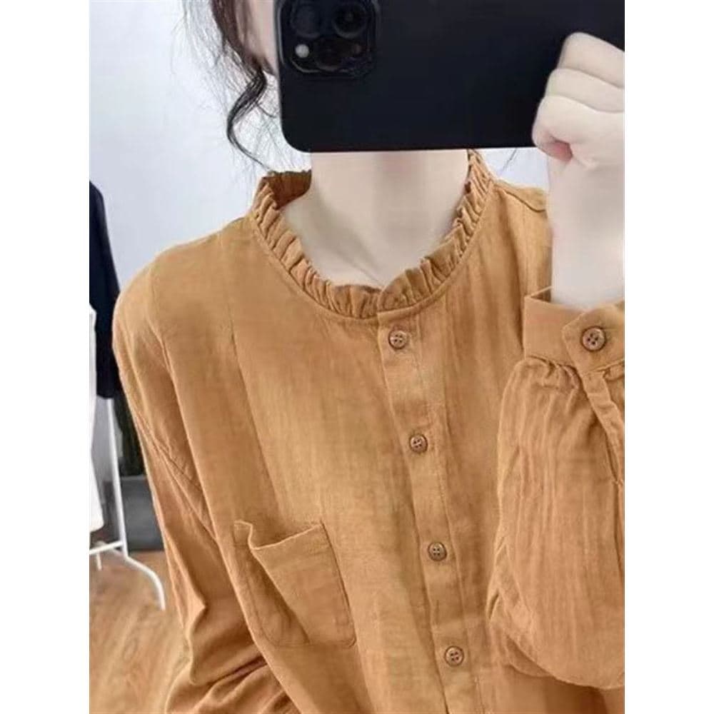 Camisa de manga comprida feminina 2025 primavera outono cor sólida Retro solto moda All-Match mais magro olhar camisa de