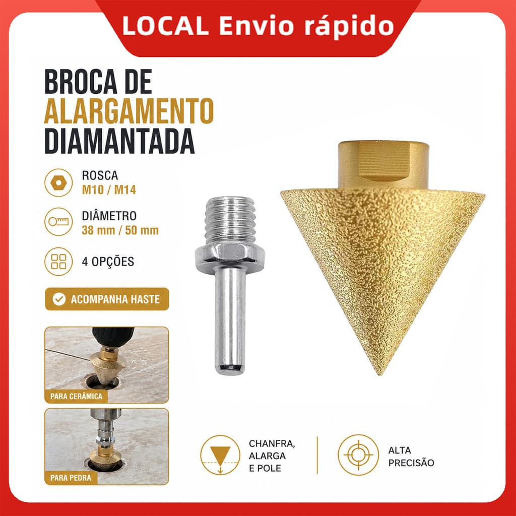 Broca Cônica de Diamante M10/M14 38mm 50mm para Polimento e Acabamento de Furos