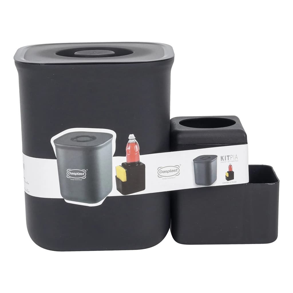 Kit Lixeira 4L Preta com Dispenser de Detergente e Porta Bucha – Cozinha