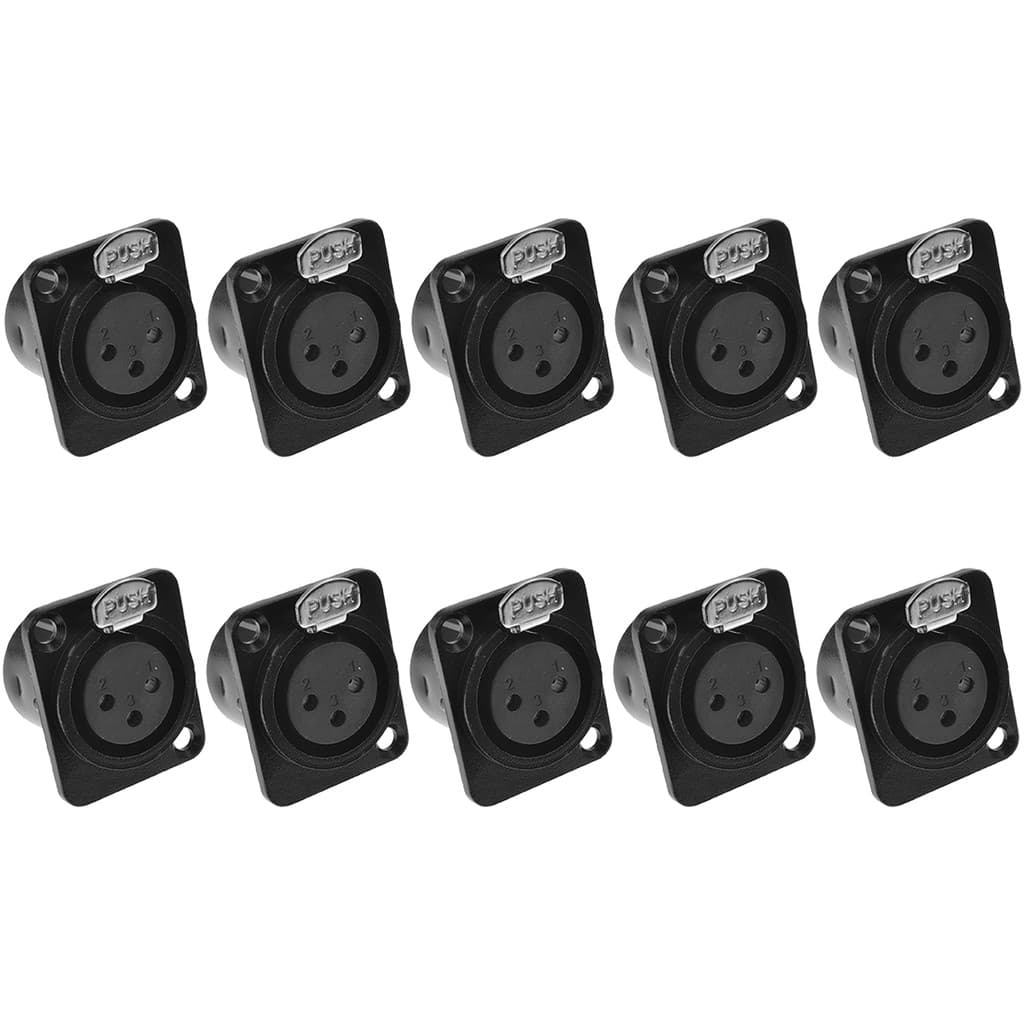 10 Conector XLR Fêmea Painel Preto 3 Pinos Trava Para Mesas De Som