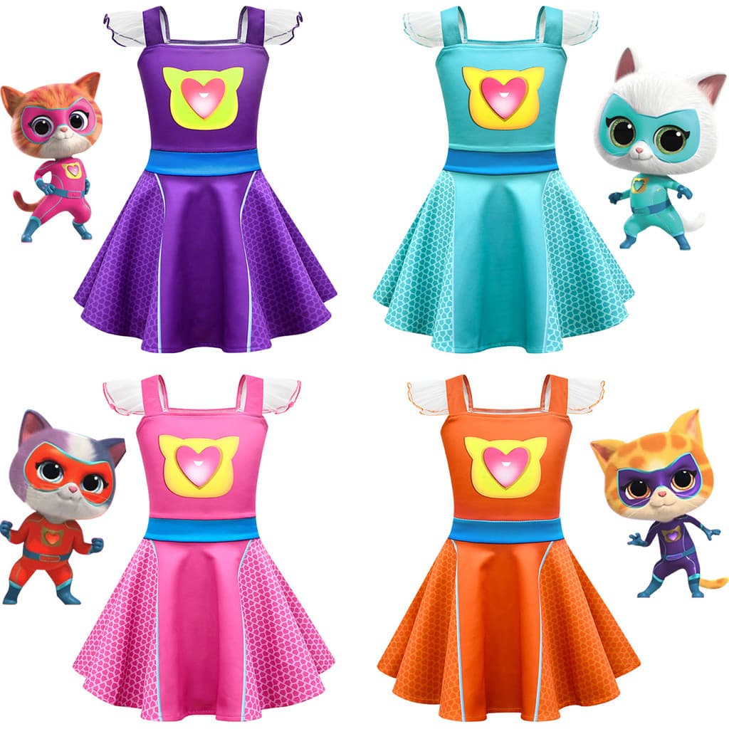 Vestido SuperKitties Vestido Super Gata Menina Vestido Infantil Princesa Saia Suspensório de Balé Fantasia de Festa Adeq