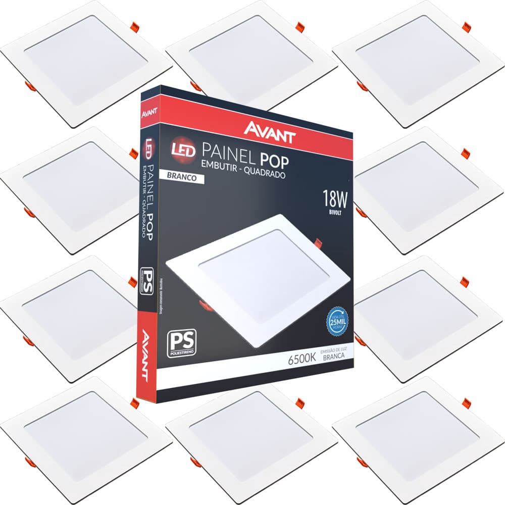 10 Painel Led Pop Quadrado de Embutir 6500W 18W Casa Teto Avant
