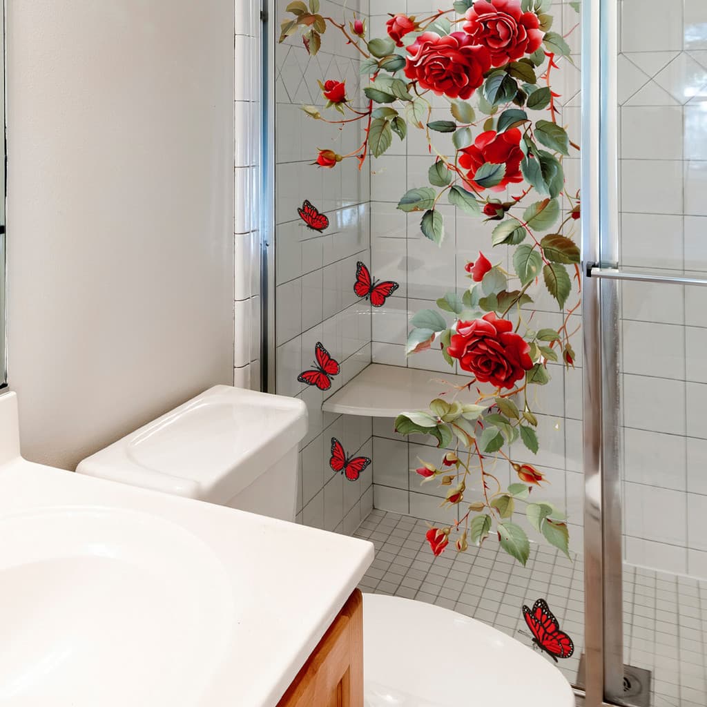 Adesivo de parede de vidro borboleta flor rosa impressão dupla face adesivo de decoração de janela visível