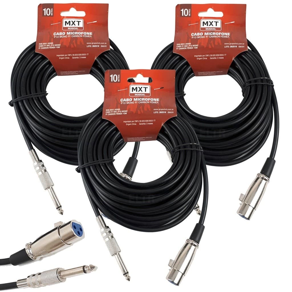 Kit 3 Cabos Microfone Xlr Canon P10 Mono Violão 10m Metros
