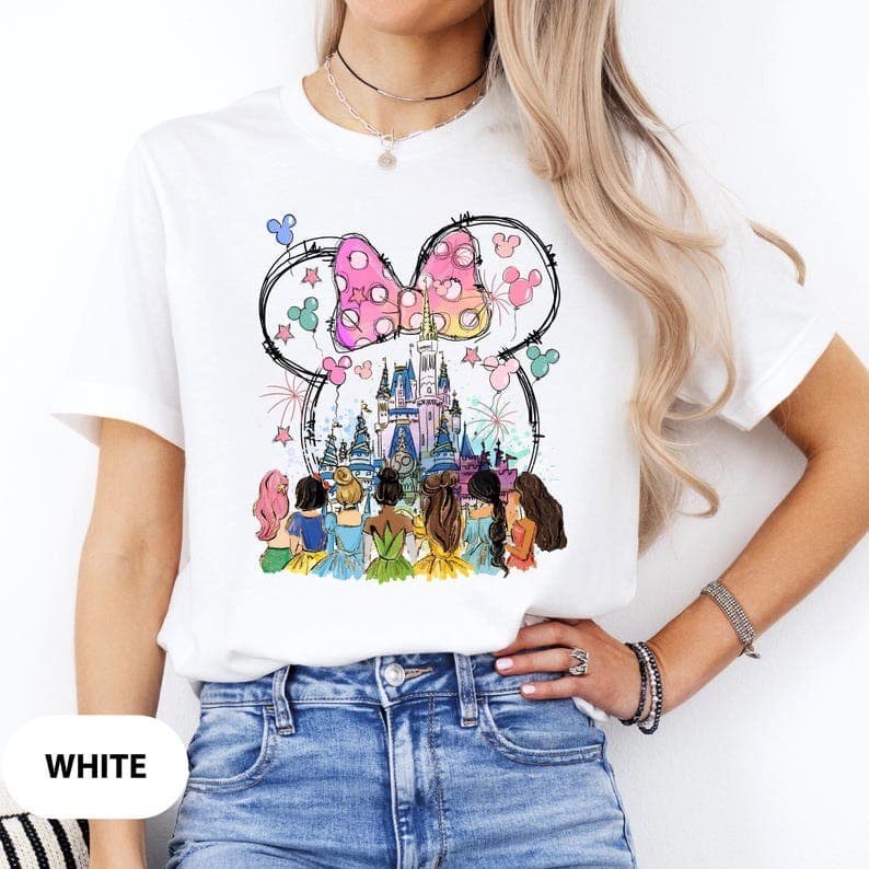 Camiseta De Algodão Feminina, Estilo Casual Plus Size, Com Estampa Castelo Disney E Princesas Em Estilo Mickey