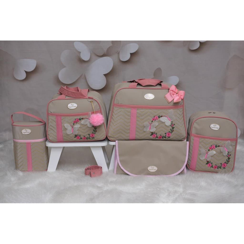 Kit Bolsa Maternidade 5 Peças Borboleta (Goiaba com bege )