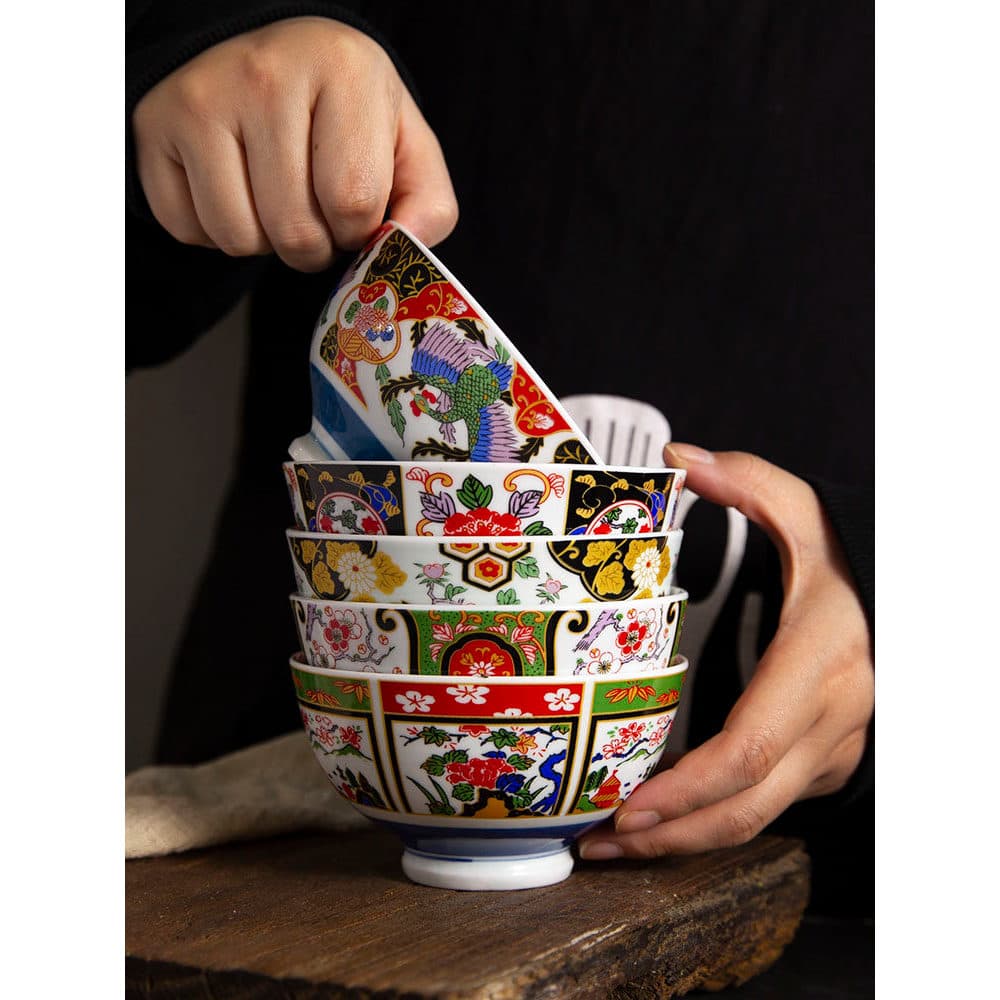 Manxiangtang Tigela de Arroz Japonesa Tigela de Alimentação Doméstica Guyi Wanli Underglaze Cor Grelhada Flor Talheres T