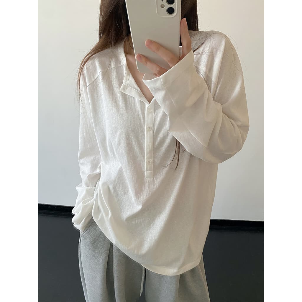 Sun Pomelo Branco Henry Collar Camiseta de manga comprida feminina primavera verão novo estilo venda quente Popular Casu