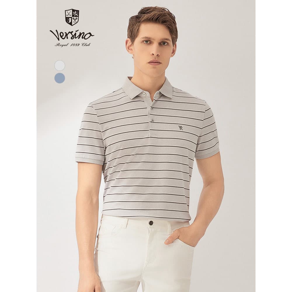 Versino versino Mulberry Silk Style Listrado Camisa POLO Casual Business Commuter Camiseta moderna de manga curta