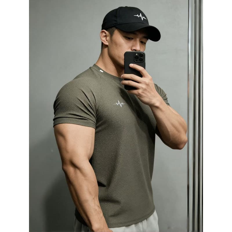 Verão novo estilo esportes de manga curta textura favo de mel masculino elástico olhar grande secagem rápida legal magro