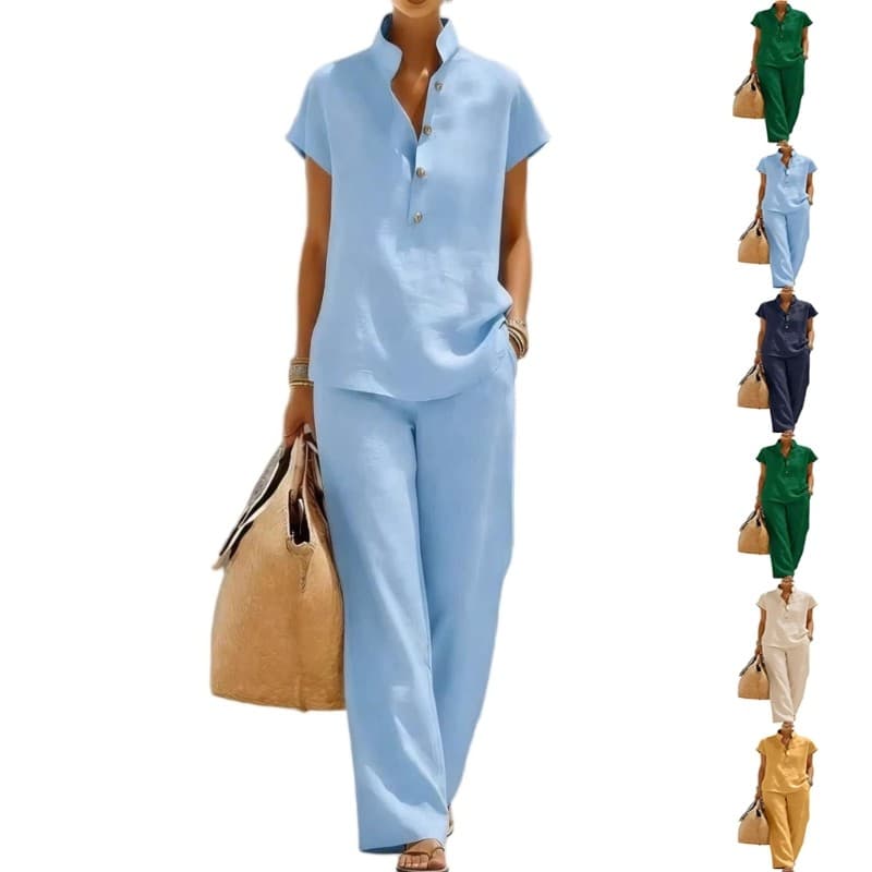 blg Conjuntos Para 2 Roupas Linho Decote V Camisas Curta Calças Largas Bolso Femi