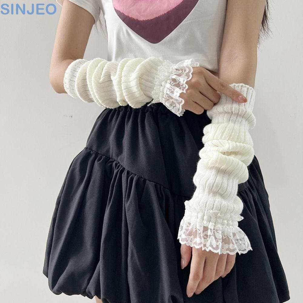 SINJEO Y2K Manga Comprida De Renda , Estilo Japonês Harajuku JK Lolita Mangas De Braço , Cosplay Gótico Luvas De Malha D