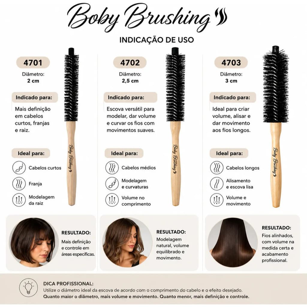 Kit Escovas Boby Brushing Profissional Madeira Nylon 4701 4702 4703