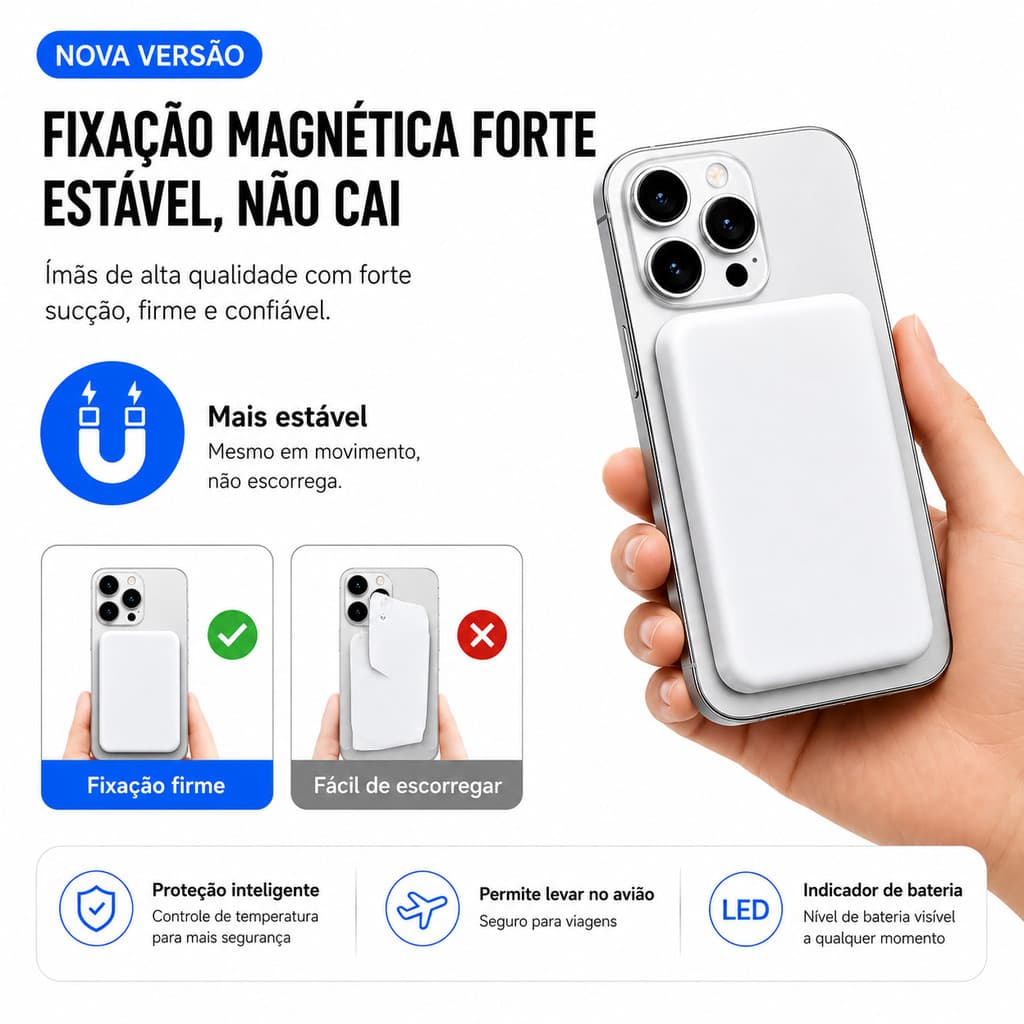 Power Bank 10000mAh Alta Capacidade Recarrega iPhone Até 2 Vezes Carregamento Magnético Rápido 15W