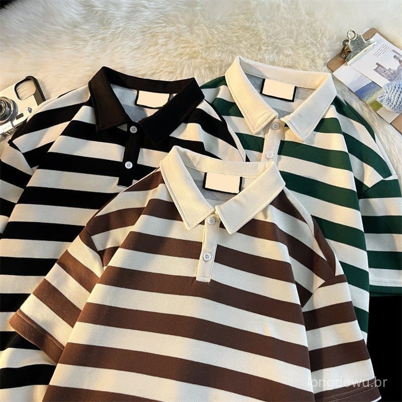 Camisa polo listrada americana masculina de manga curta verão na moda lapela solta camiseta All-Match Casual casal roupa