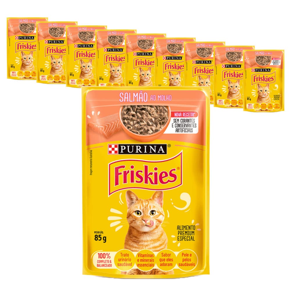 Ração Úmida Purina Friskies Sachê para Gatos Adultos sabor Salmão ao Molho 85g - KIT 10 unids.