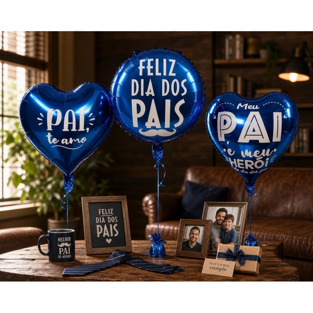 KIT Balão Metalizado Dia dos Pais de Coração 22cm Decoração Azul Cesta Presente Decorativo Azul