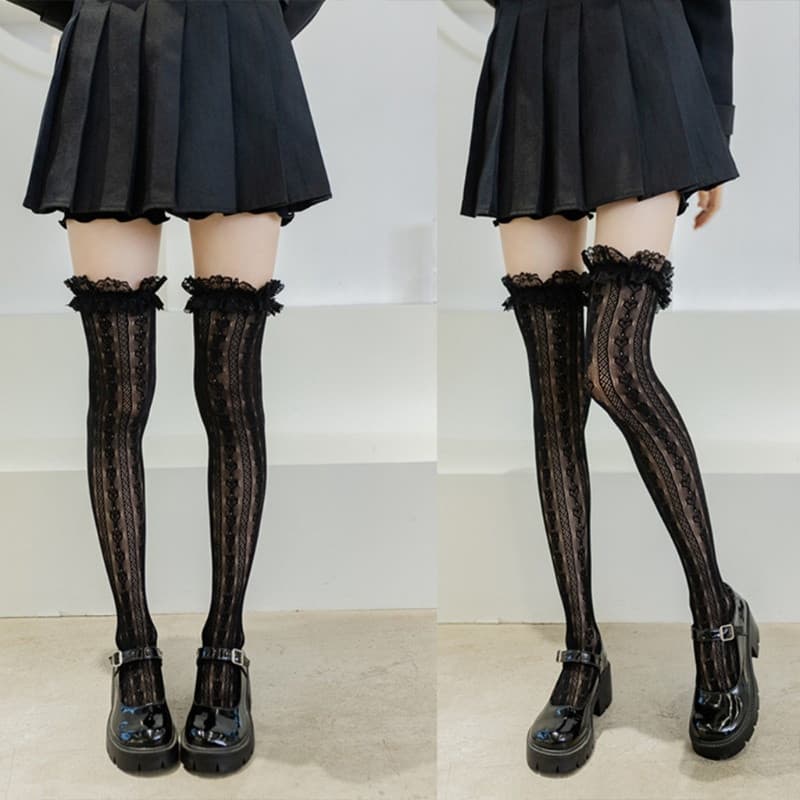 Ace Feminino Lolita Fishnet Coxa Meias Estilo Japonês Coração Listrado Renda Modelado Sobre O Joelho Longas Babados Baba