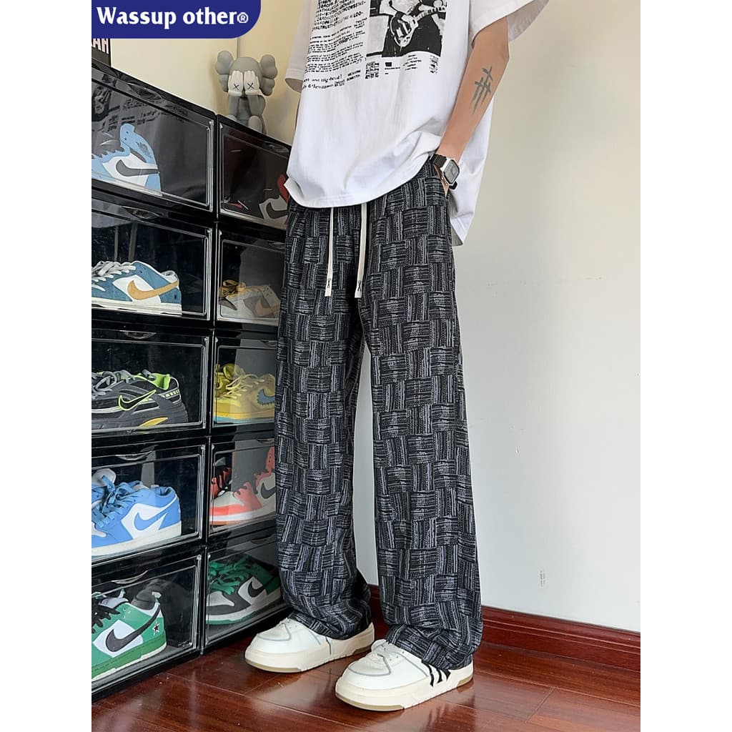 WASSUP OUTRO Calças Retas de Seda Gelo Xadrez Homens Primavera Outono Estilo Fino Tamanho Grande Street Wear Calças Casu